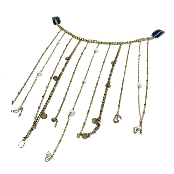 New Free People Rosario Chain Hair Piece Barrette Gold Pearls - Picture 3 of 8